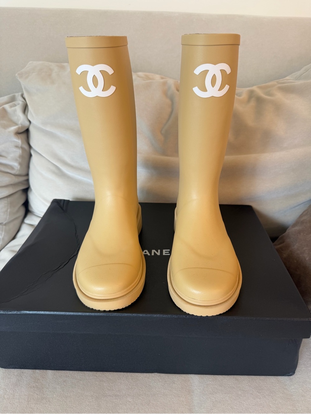 Beige Rubber Logo Knee-High Rain Boots